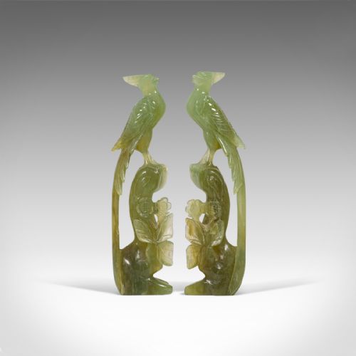 fig 1. Pair of, Antique Carved Figures, Oriental, Jade, Bird of Paradise, Victorian