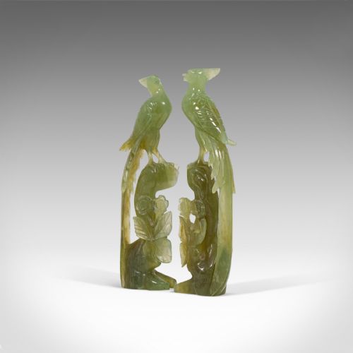 fig 2. Pair of, Antique Carved Figures, Oriental, Jade, Bird of Paradise, Victorian