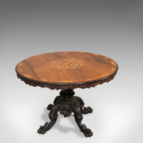 Inlaid Antique Breakfast Table, English, Rosewood, Centre, Game, Victorian