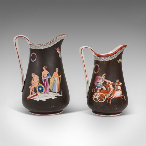 fig 1. Antique Pair, Decorative Pouring Jugs, English, Ceramic, Serving Ewer, Victorian