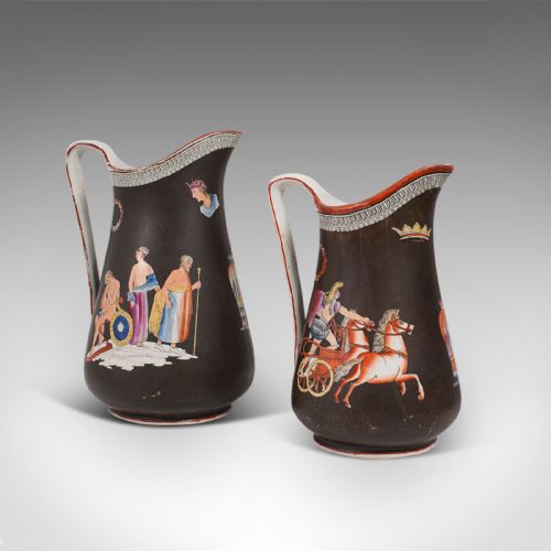 fig 2. Antique Pair, Decorative Pouring Jugs, English, Ceramic, Serving Ewer, Victorian