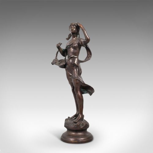 Tall Antique Female Statue, Italian, Bronze, Sculpture, Girl, Victorian, C.1900
