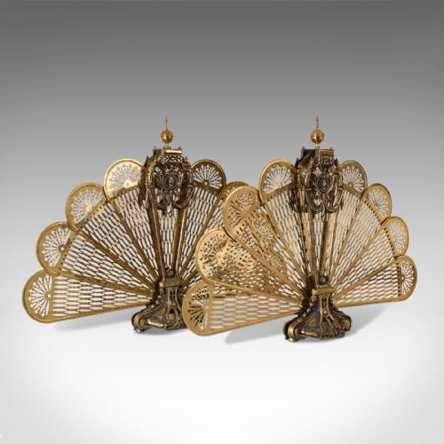 fig 1. Rare, Pair Of, Antique Peacock Fire Screens, English, Brass, Fireside, Victorian
