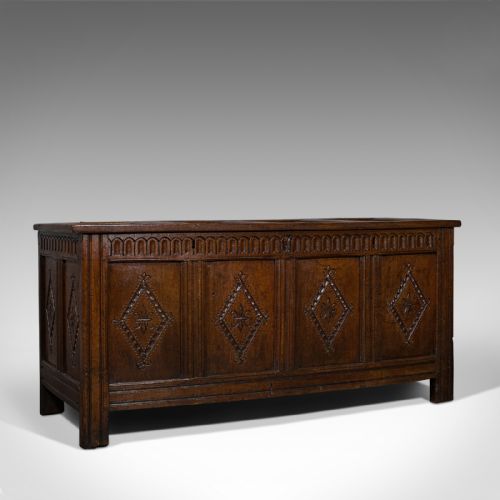 Antique Charles II Coffer, English Oak Plank Chest, 17th Century Trunk, C.1680