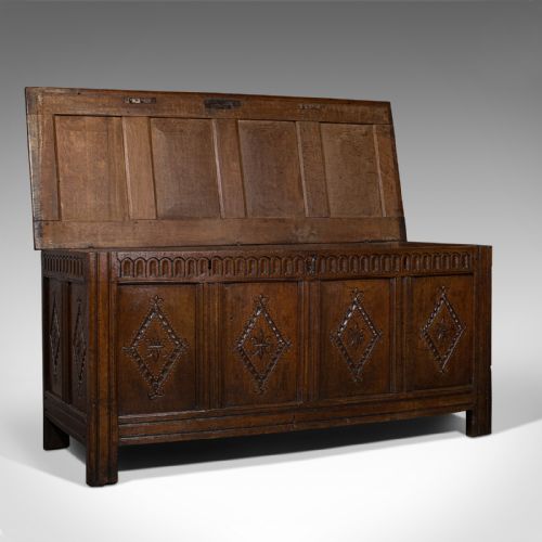 fig 1. Antique Charles II Coffer, English Oak Plank Chest, 17th Century Trunk, c.1680