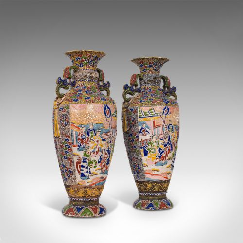 Pair of Tall Antique Satsuma Vases, Japanese, Ceramic, Decorative, Moriage, 1900