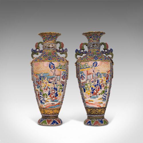 fig 1. Pair Of Tall Antique Satsuma Vases, Japanese, Ceramic, Decorative, Moriage, 1900