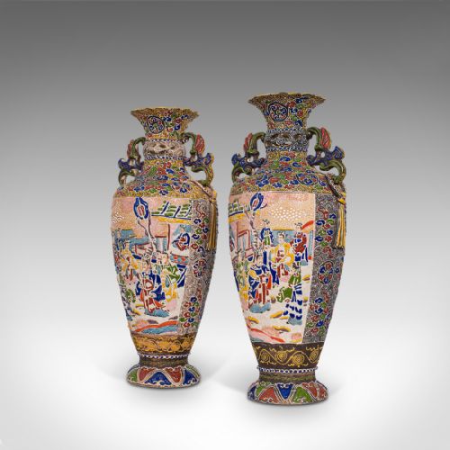 fig 2. Pair Of Tall Antique Satsuma Vases, Japanese, Ceramic, Decorative, Moriage, 1900