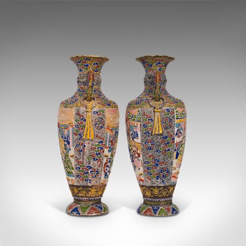 fig 3. Pair Of Tall Antique Satsuma Vases, Japanese, Ceramic, Decorative, Moriage, 1900