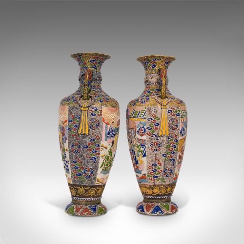 fig 4. Pair Of Tall Antique Satsuma Vases, Japanese, Ceramic, Decorative, Moriage, 1900