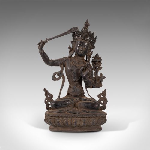 fig 1. Tall Antique Manjushri Statue, Oriental, Bronze Figure, Seated Deity, Circa 1900
