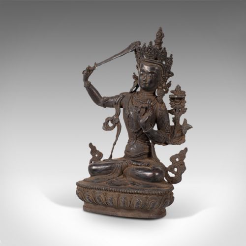 fig 2. Tall Antique Manjushri Statue, Oriental, Bronze Figure, Seated Deity, Circa 1900