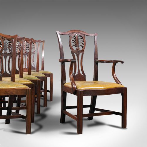 Antique, Set of 6, Dining Chairs, English, Mahogany, Leather, Seats, Victorian
