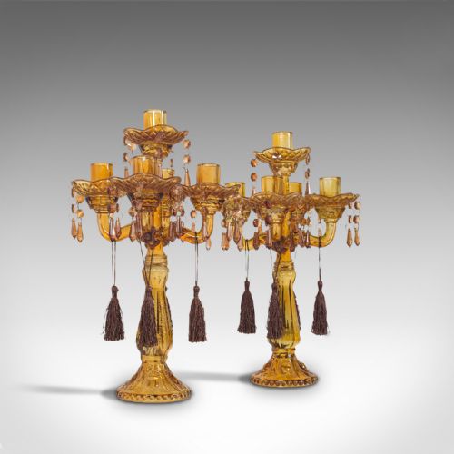 Pair Of, Antique Candelabra, English, Glass, Candle Stand, Victorian, Circa 1890