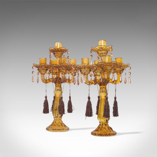 fig 2. Pair Of, Antique Candelabra, English, Glass, Candle Stand, Victorian, Circa 1890