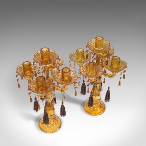 fig 3. Pair Of, Antique Candelabra, English, Glass, Candle Stand, Victorian, Circa 1890