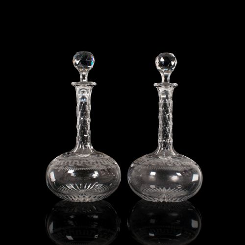 fig 1. Pair Of, Antique Decanters, English, Glass, Spirit Vessel, Victorian, Circa 1900