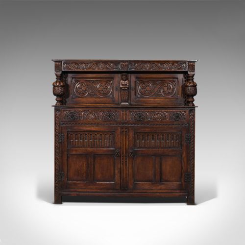 fig 1. Antique Court Cabinet, English, Oak, Jacobean Revival, 1890
