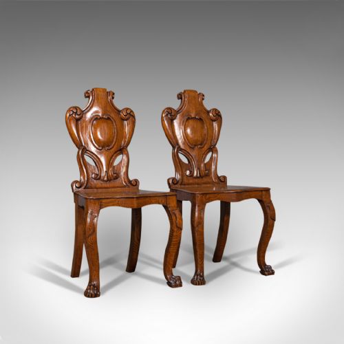 Pair Of, Antique Shield Back Chairs, Scottish, Oak, Hall Seat, Victorian, C.1880
