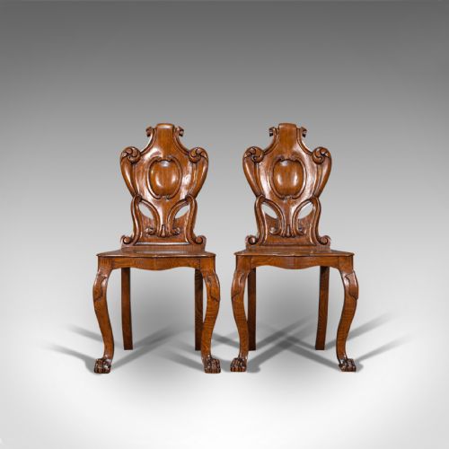 fig 1. Pair Of, Antique Shield Back Chairs, Scottish, Oak, Hall Seat, Victorian, C.1880