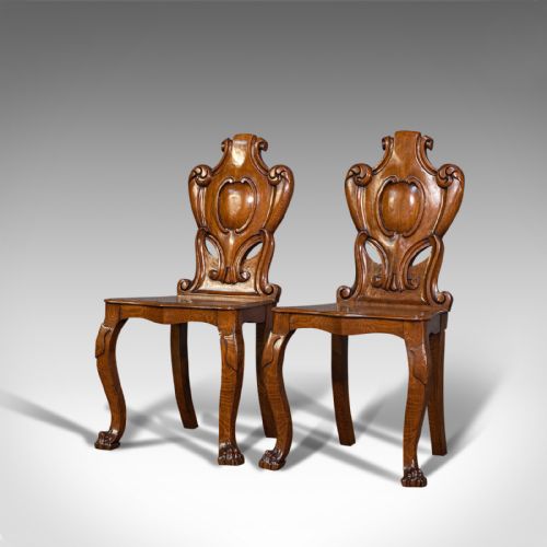fig 2. Pair Of, Antique Shield Back Chairs, Scottish, Oak, Hall Seat, Victorian, C.1880
