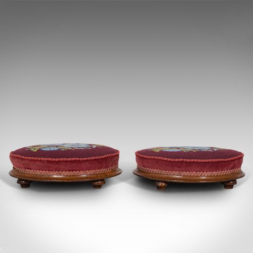fig 1. Pair of Antique Footstools, English, Walnut, Needlepoint, Rest, Victorian C.1860