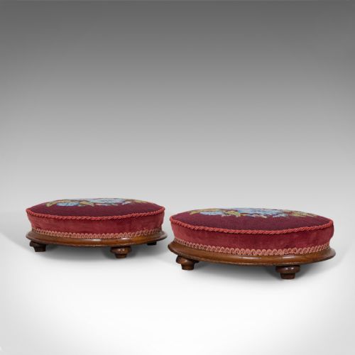 fig 2. Pair of Antique Footstools, English, Walnut, Needlepoint, Rest, Victorian C.1860
