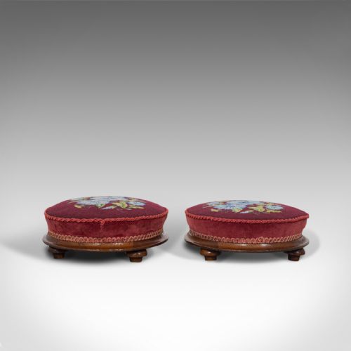 fig 3. Pair of Antique Footstools, English, Walnut, Needlepoint, Rest, Victorian C.1860