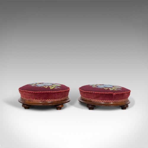 fig 4. Pair of Antique Footstools, English, Walnut, Needlepoint, Rest, Victorian C.1860