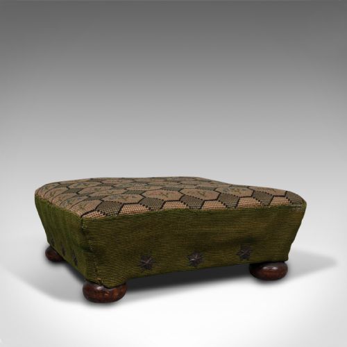 Small Antique Footstool, English, Needlepoint Tapestry, Stool, Victorian, C.1850
