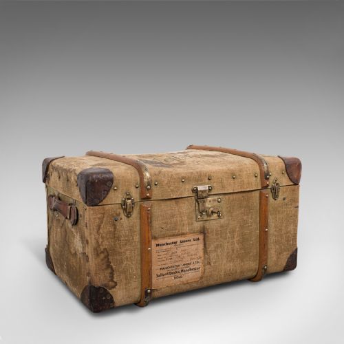 Antique Steamer Trunk, English, Canvas, Leather, Travel Chest, Edwardian, C.1910
