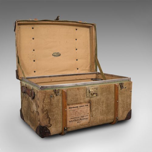 fig 1. Antique Steamer Trunk, English, Canvas, Leather, Travel Chest, Edwardian, C.1910