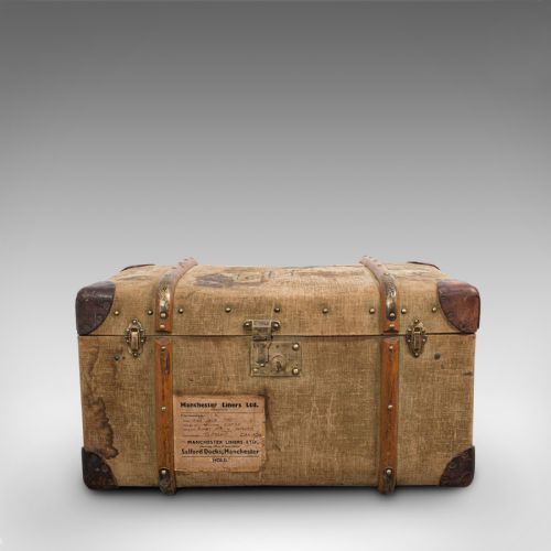 fig 2. Antique Steamer Trunk, English, Canvas, Leather, Travel Chest, Edwardian, C.1910