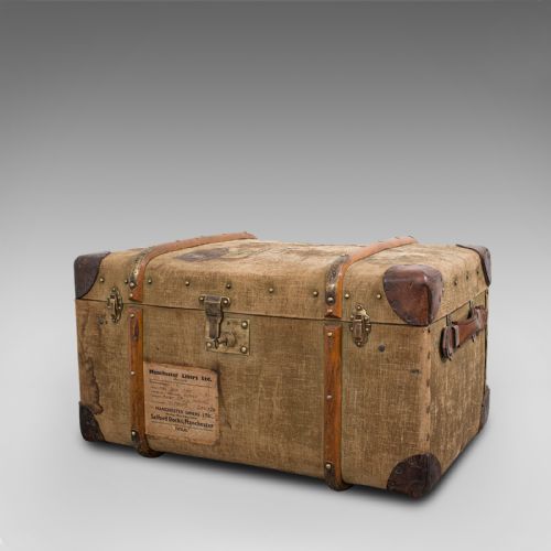 fig 3. Antique Steamer Trunk, English, Canvas, Leather, Travel Chest, Edwardian, C.1910