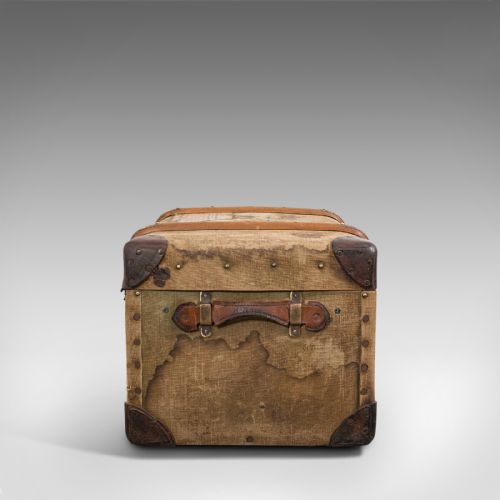 fig 4. Antique Steamer Trunk, English, Canvas, Leather, Travel Chest, Edwardian, C.1910