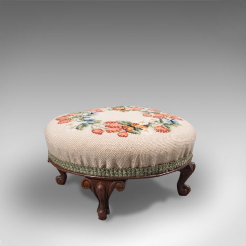 Small Antique Footstool, English, Walnut, Needlepoint Tapestry, Early Victorian