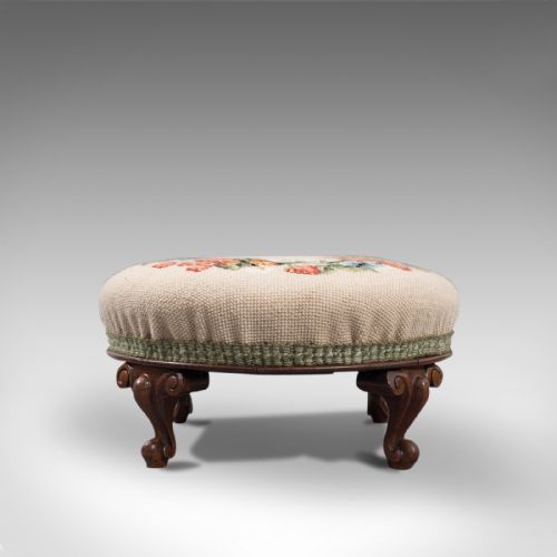 fig 1. Small Antique Footstool, English, Walnut, Needlepoint Tapestry, Early Victorian