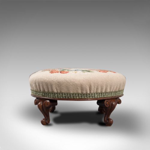 fig 2. Small Antique Footstool, English, Walnut, Needlepoint Tapestry, Early Victorian