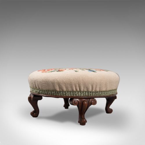 fig 4. Small Antique Footstool, English, Walnut, Needlepoint Tapestry, Early Victorian