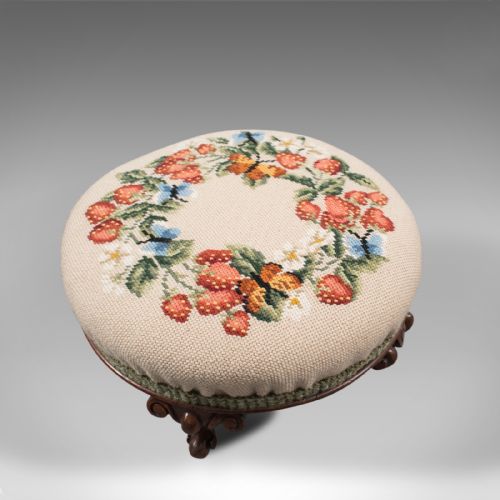 fig 5. Small Antique Footstool, English, Walnut, Needlepoint Tapestry, Early Victorian