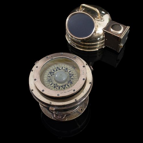 fig 6. Vintage Ship's Binnacle Compass, English, Brass, Maritime, Navigation Aid, 1920