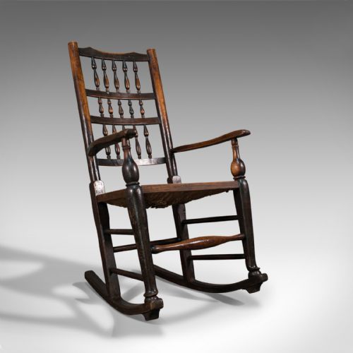 Antique Lancashire Rocking Chair, English, Ash, Spindle Back, Seat, Georgian