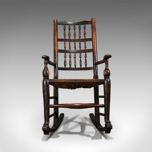 fig 1. Antique Lancashire Rocking Chair, English, Ash, Spindle Back, Seat, Georgian