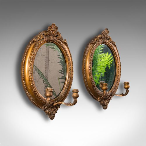 Pair of Antique Girandole Mirrors, English, Giltwood, Ovall, Wall, Regency, 1820