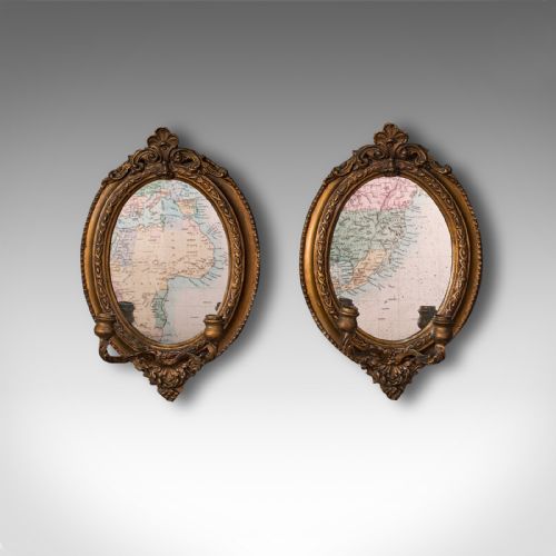 fig 1. Pair of Antique Girandole Mirrors, English, Giltwood, Ovall, Wall, Regency, 1820