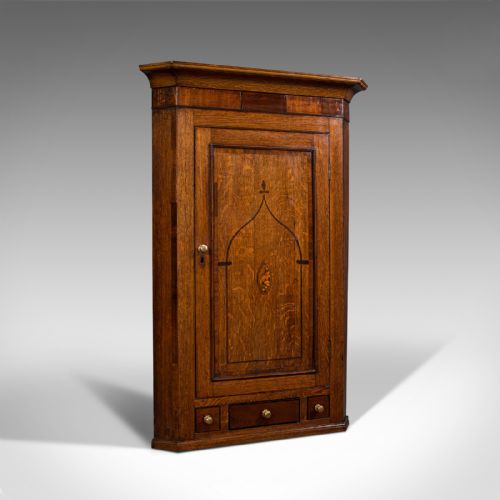 Superb Antique Corner Cabinet, English, Oak, Mahogany, Inlay, Cupboard, Georgian