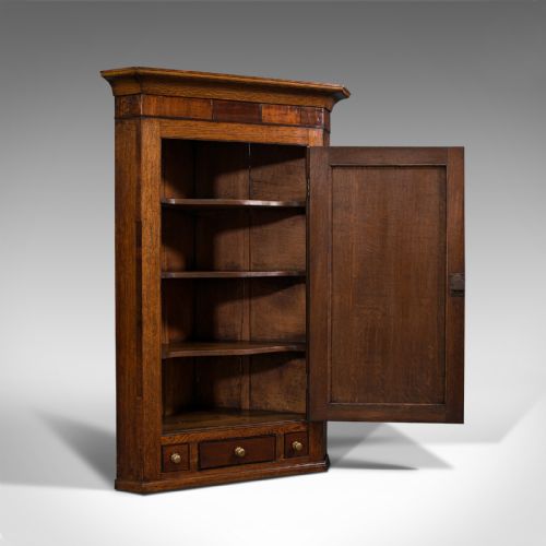 fig 1. Superb Antique Corner Cabinet, English, Oak, Mahogany, Inlay, Cupboard, Georgian