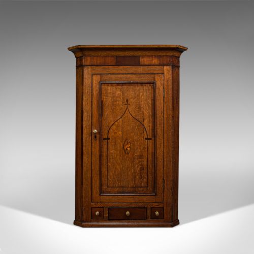 fig 2. Superb Antique Corner Cabinet, English, Oak, Mahogany, Inlay, Cupboard, Georgian