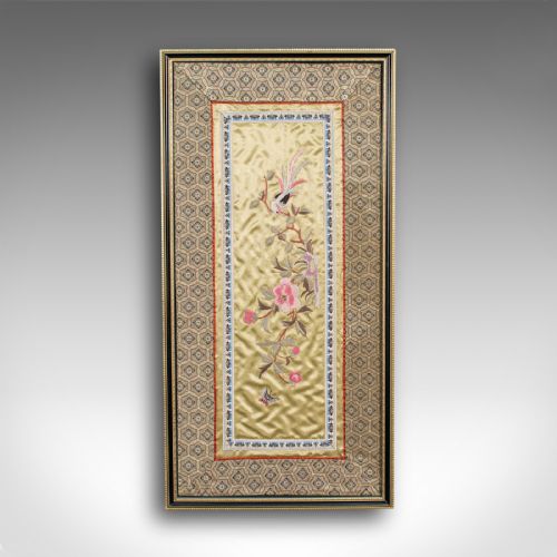 fig 1. Antique Embroidered Silk Panel, Chinese, Framed Decorative Needlepoint Tapestry