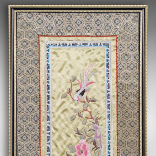 fig 4. Antique Embroidered Silk Panel, Chinese, Framed Decorative Needlepoint Tapestry
